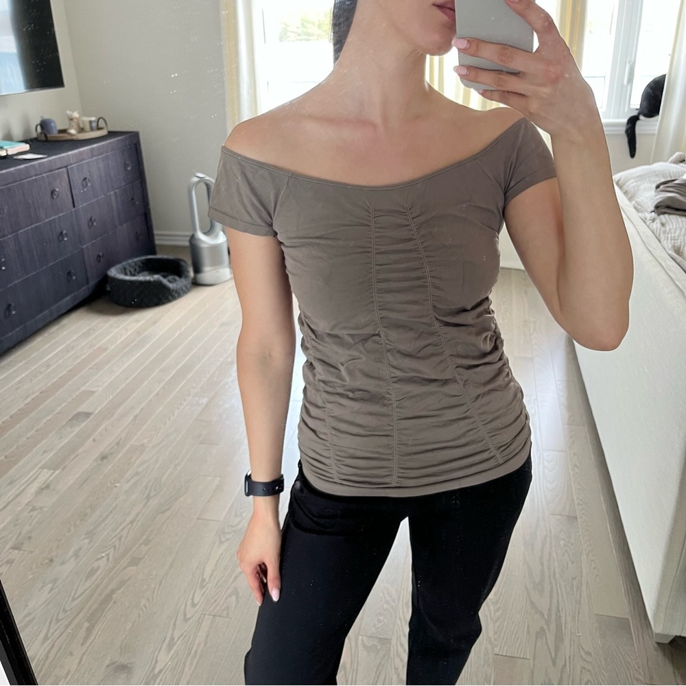 Last Tabgo Off-Shoulder Taupe Top